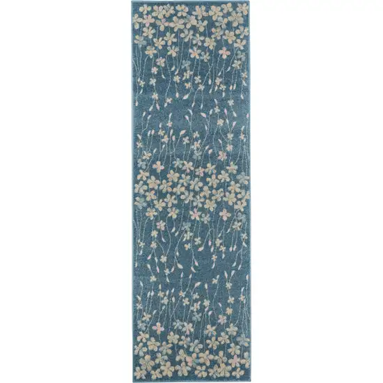 7' Turquoise and Cream Botanical Leaves Runner Rug Photo 5