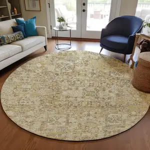 Photo of 8' Wheat Beige And Gray Round Floral Washable Indoor Outdoor Area Rug