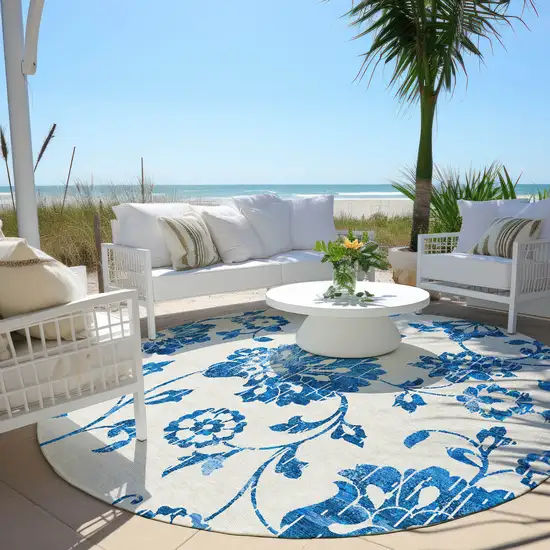 8' White And Denim Blue Round Floral Washable Indoor Outdoor Area Rug Photo 6