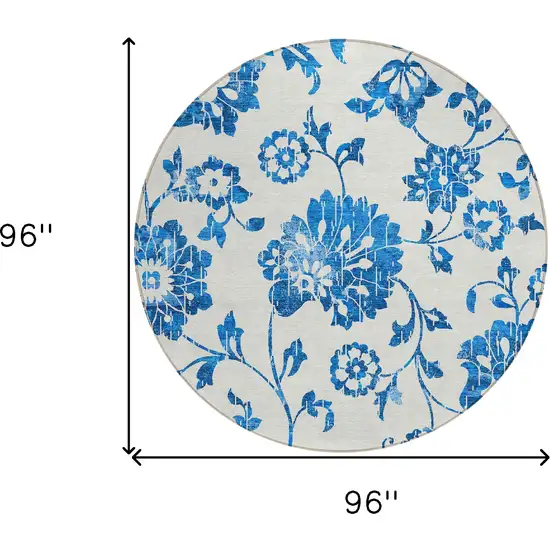 8' White And Denim Blue Round Floral Washable Indoor Outdoor Area Rug Photo 3