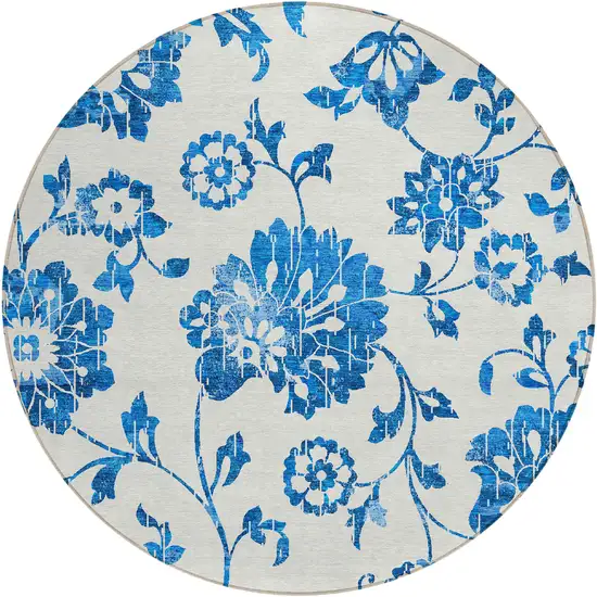 8' White And Denim Blue Round Floral Washable Indoor Outdoor Area Rug Photo 2