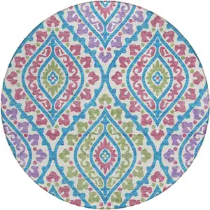 Photo of 8' White Artichoke Green And Purple Round Floral Washable Indoor Outdoor Area Rug