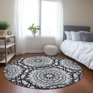 Photo of 8' White Black And Gray Round Floral Medallion Washable Indoor Outdoor Area Rug