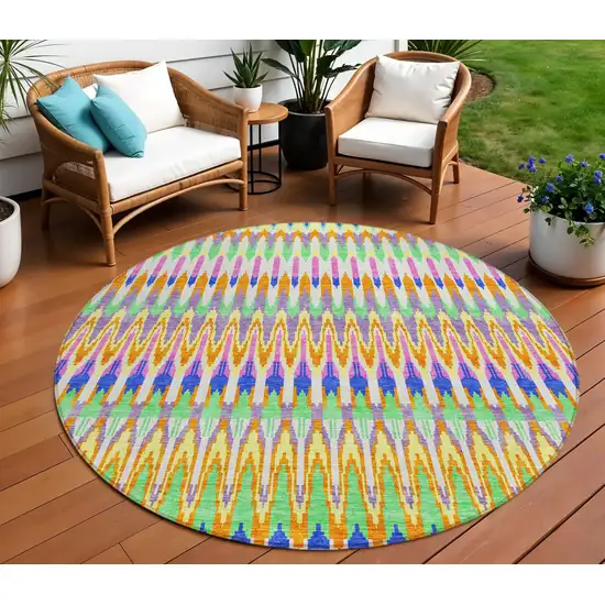 8' White Blue And Pink Round Southwestern Washable Indoor Outdoor Area Rug Photo 1