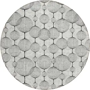 Photo of 8' White Gray And Silver Round Geometric Washable Indoor Outdoor Area Rug