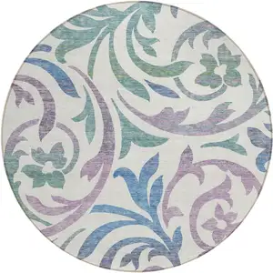 Photo of 8' White Purple And Sage Round Floral Washable Indoor Outdoor Area Rug