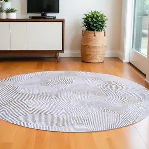 Photo of 5' White Round Abstract Non Skid Area Rug