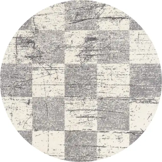 5' White Round Checkered Power Loom Area Rug Photo 2