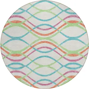 Photo of 8' White Teal Blue And Lime Green Round Abstract Washable Indoor Outdoor Area Rug