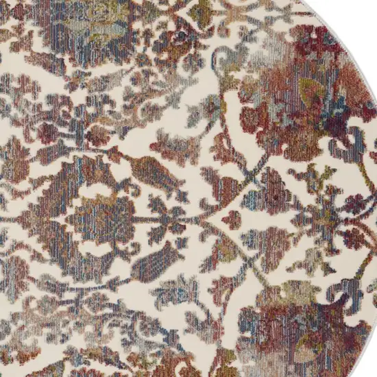 4' White and Golden Brown Floral Distressed Non Skid Round Rug Photo 9