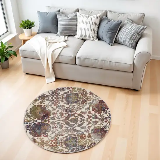 4' White and Golden Brown Floral Distressed Non Skid Round Rug Photo 1