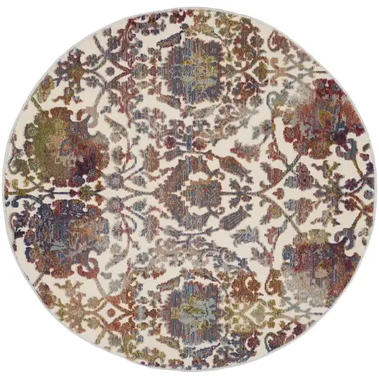 4' White and Golden Brown Floral Distressed Non Skid Round Rug Photo 2