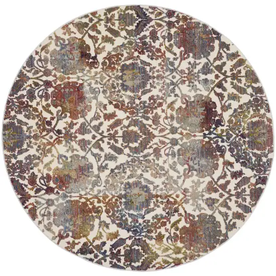 6' White and Golden Brown Floral Distressed Non Skid Round Rug Photo 2