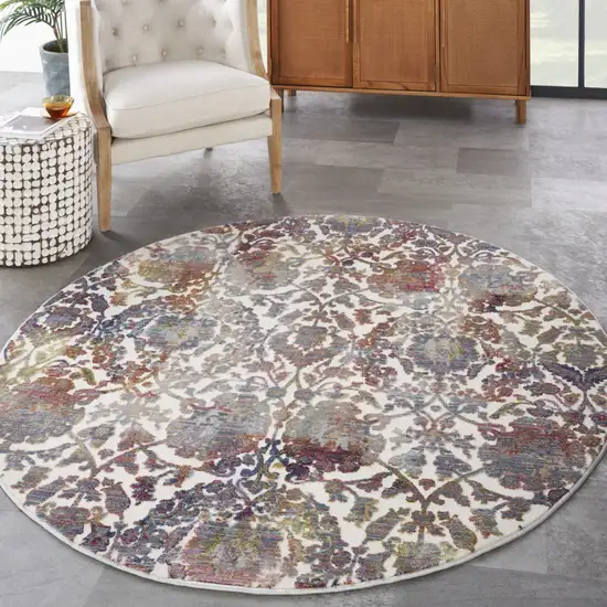 6' White and Golden Brown Floral Distressed Non Skid Round Rug Photo 8