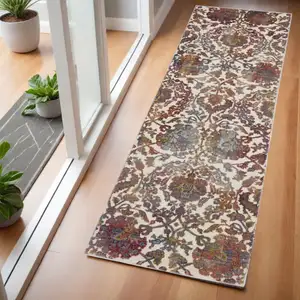 Photo of 6' White and Golden Brown Floral Distressed Non Skid Runner Rug