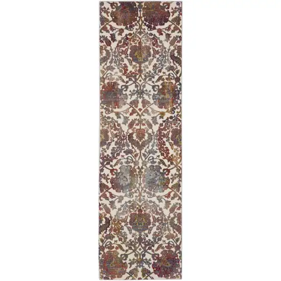 8' White and Golden Brown Floral Distressed Non Skid Runner Rug Photo 8