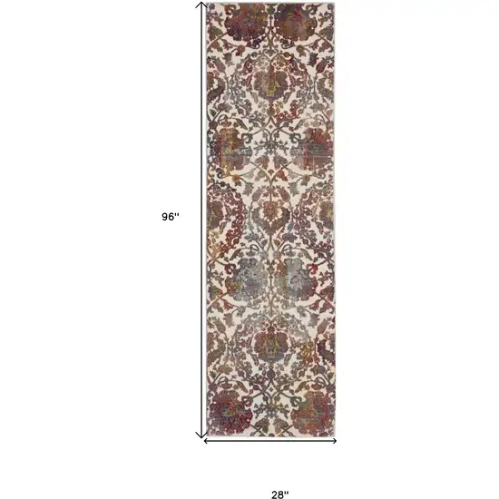 8' White and Golden Brown Floral Distressed Non Skid Runner Rug Photo 3