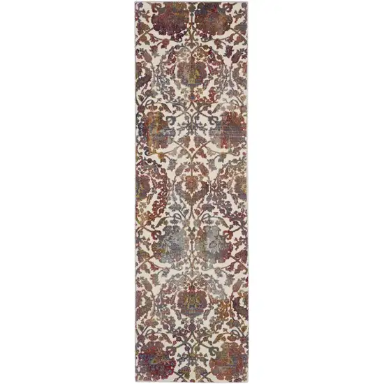 8' White and Golden Brown Floral Distressed Non Skid Runner Rug Photo 2