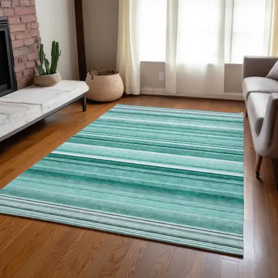 3' X 5' Aqua Striped Washable Non Skid Indoor Outdoor Area Rug Photo 8