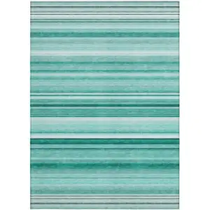 Photo of 3' X 5' Aqua Striped Washable Non Skid Indoor Outdoor Area Rug