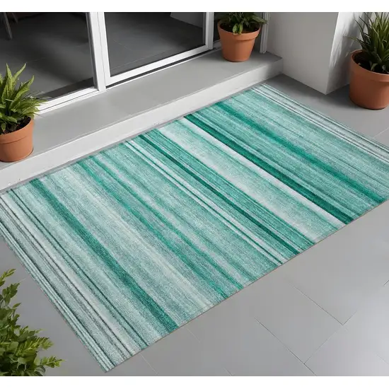 Aqua Striped Washable Indoor Outdoor Area Rug Photo 1