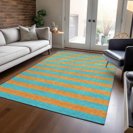 3' X 4' Aqua Striped Washable Non Skid Indoor Outdoor Area Rug Photo 9