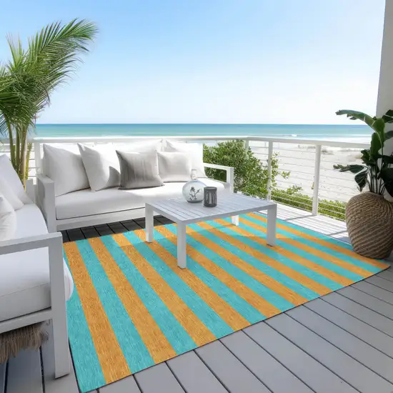 3' X 4' Aqua Striped Washable Non Skid Indoor Outdoor Area Rug Photo 8