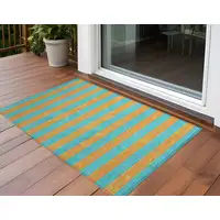 Photo of 3' X 5' Aqua Striped Washable Non Skid Indoor Outdoor Area Rug