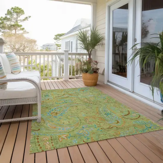 3' X 4' Artichoke Green Paisley Washable Non Skid Indoor Outdoor Area Rug Photo 7