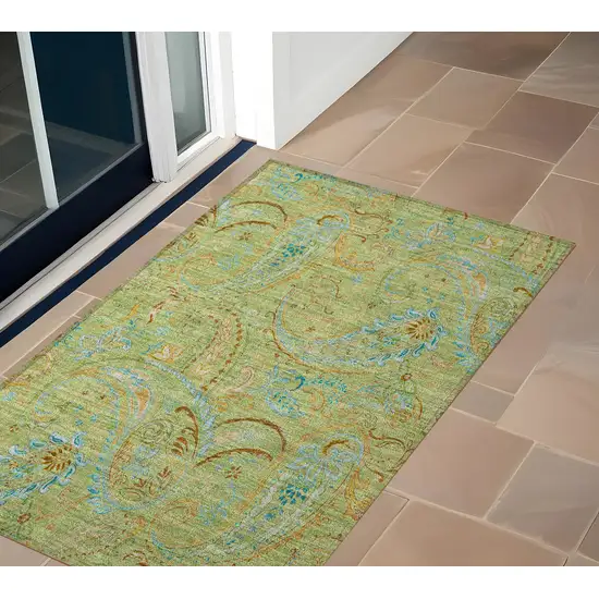 Artichoke Green Paisley Washable Indoor Outdoor Area Rug Photo 1