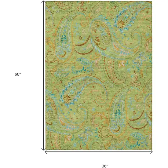 3' X 5' Artichoke Green Paisley Washable Non Skid Indoor Outdoor Area Rug Photo 3