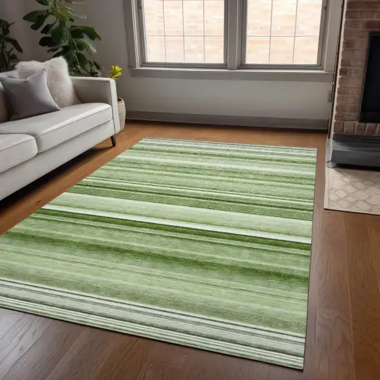 Artichoke Green Striped Washable Indoor Outdoor Area Rug Photo 7