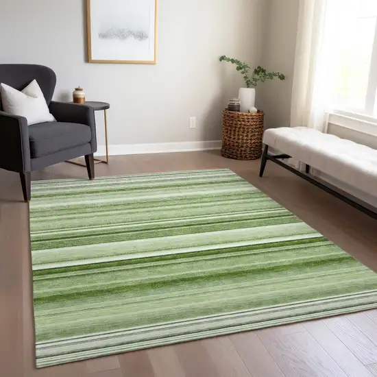 Artichoke Green Striped Washable Indoor Outdoor Area Rug Photo 8