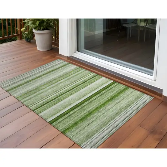 Artichoke Green Striped Washable Indoor Outdoor Area Rug Photo 1