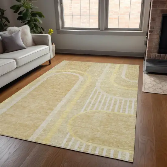 Beige Abstract Washable Indoor Outdoor Area Rug Photo 9