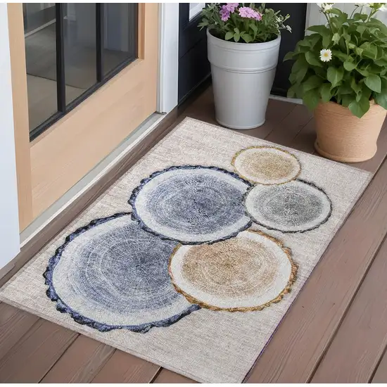 Beige Blue and Gold Faux Bois Washable Non Skid Indoor Outdoor Area Rug Photo 1