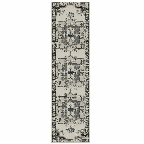 2' X 7' Beige Oriental Stain Resistant Indoor Outdoor Area Rug Photo 1