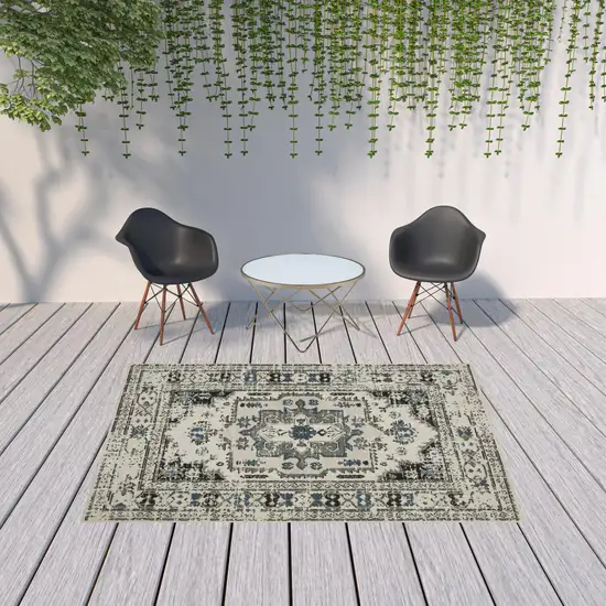 6' X 9' Beige Oriental Stain Resistant Indoor Outdoor Area Rug Photo 2