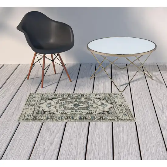 2' X 3' Beige Oriental Stain Resistant Indoor Outdoor Area Rug Photo 2