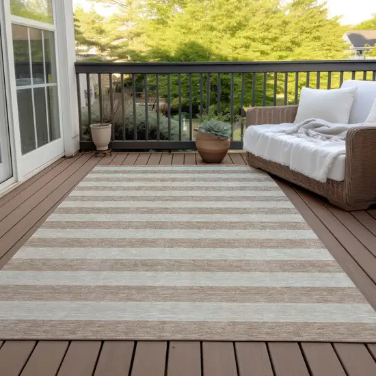 3' X 4' Beige Striped Washable Non Skid Indoor Outdoor Area Rug Photo 8