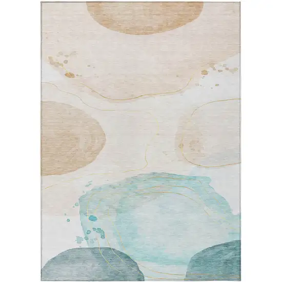 Beige and Blue Abstract Washable Non Skid Indoor Outdoor Area Rug Photo 2