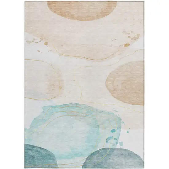 3' X 4' Beige and Blue Abstract Washable Non Skid Indoor Outdoor Area Rug Photo 5