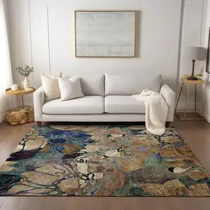 Photo of 3' X 5' Beige and Blue Floral Washable Non Skid Indoor Outdoor Area Rug