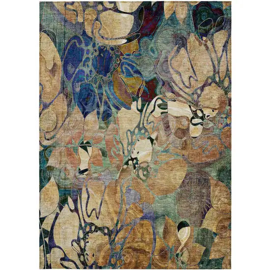 Beige and Blue Abstract Washable Indoor Outdoor Area Rug Photo 5