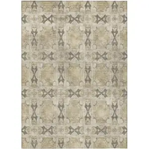 Photo of 3' X 4' Beige and Gray Floral Medallion Washable Non Skid Indoor Outdoor Area Rug