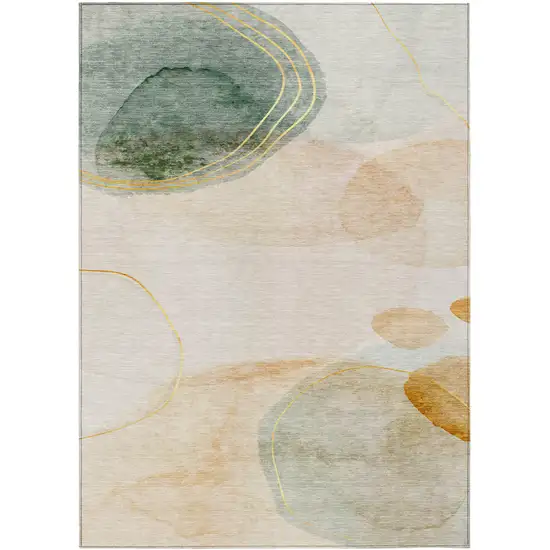 Beige and Green Abstract Washable Non Skid Indoor Outdoor Area Rug Photo 2