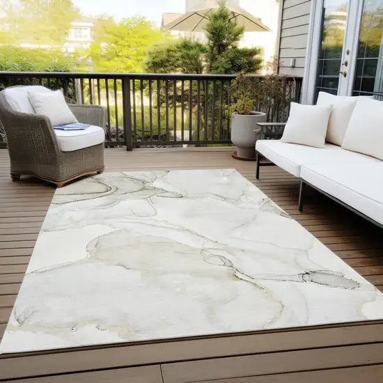 Beige and Ivory Abstract Washable Indoor Outdoor Area Rug Photo 6