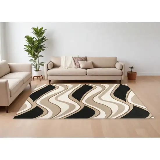 Black Beige Hand Tufted Abstract Waves Indoor Area Rug Photo 2