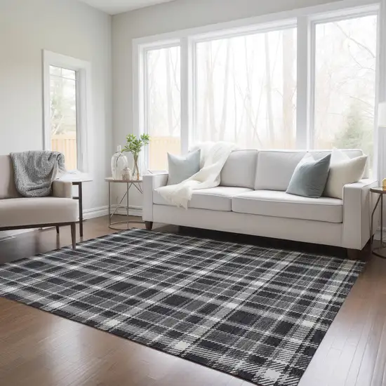 3' X 5' Black Gray and White Plaid Washable Non Skid Indoor Outdoor Area Rug Photo 9