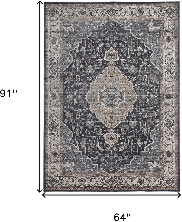 5' X 8' Black Oriental Stain Resistant Area Rug Photo 4